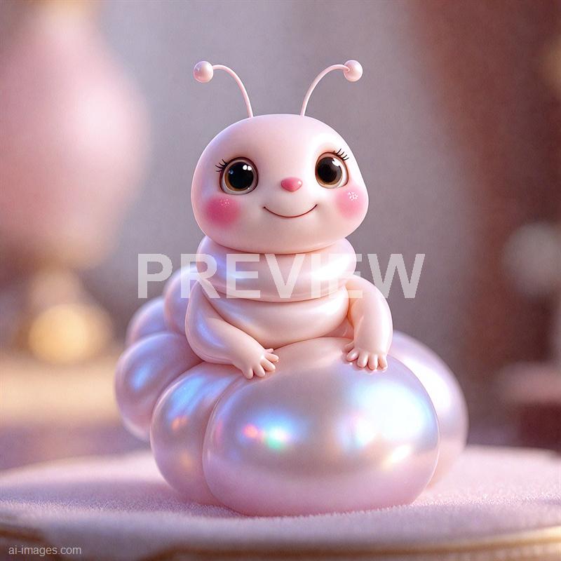 The image features an adorable, cartoonish creature that resembles a combination of a caterpillar and a bunny, with a rounded, segmented body that is soft pink in color. It has large, expressive eyes with long eyelashes, a tiny pink nose, and a gentle smile on its face, giving it a cute and friendly appearance. The creature's antennae are thin and curved, ending with small rounded tips, and it is sitting comfortably on a shiny, pearl-like surface with a softly blurred background that enhances the creature's charming and whimsical look.
